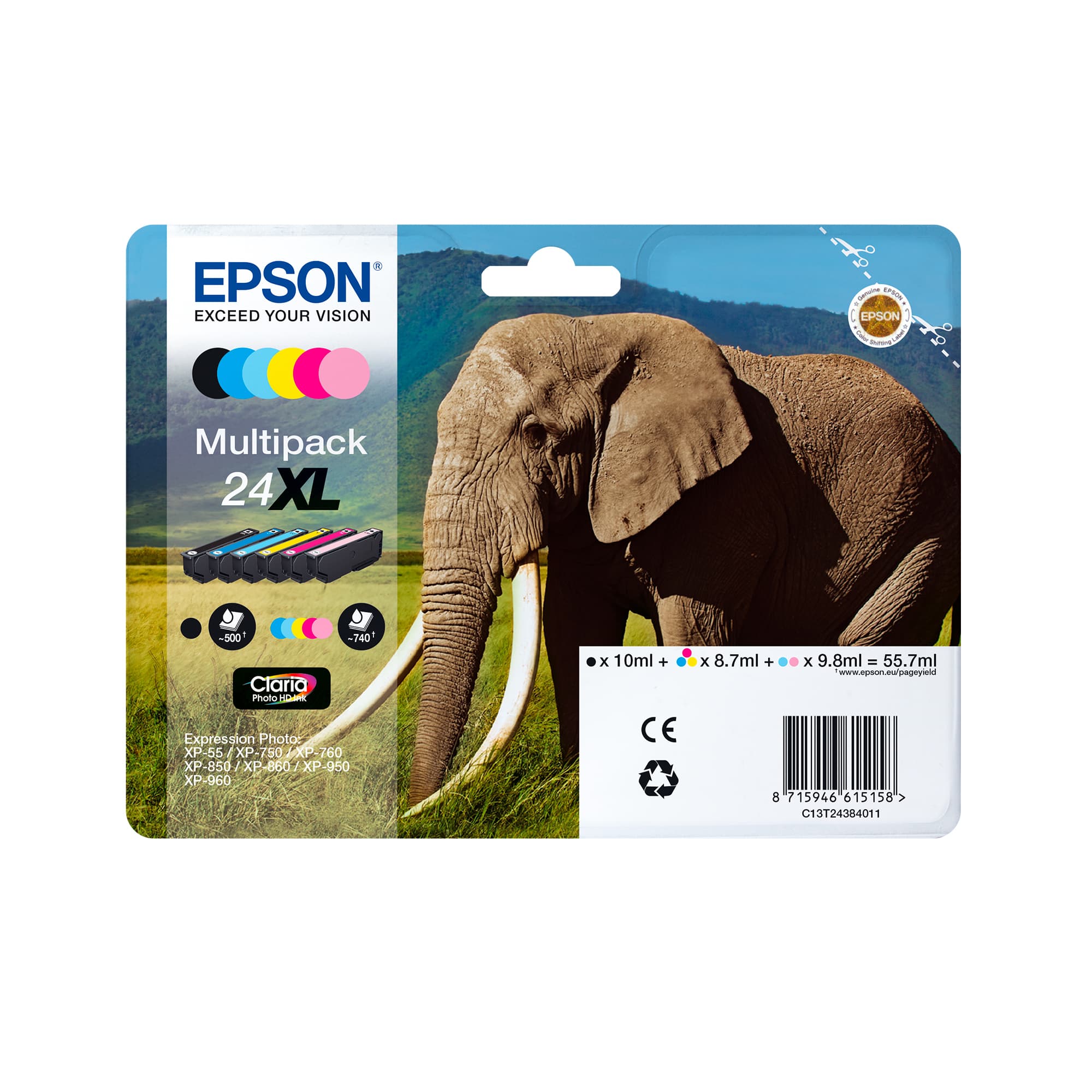 Epson Elephant Tinta multipack 6 colores 24XL Claria Photo HD Elefantes