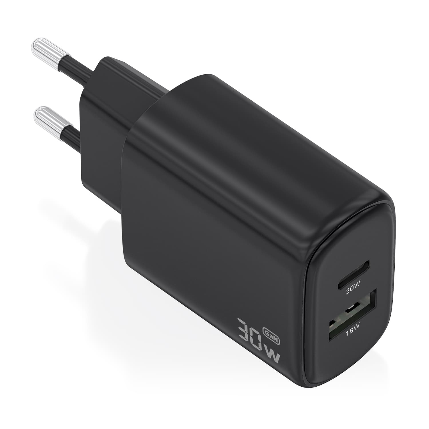 AISENS Cargador GaN 30W, 1xUSB-C PD3.0 QC4.0, 1xUSB-A QC3.0, Negro