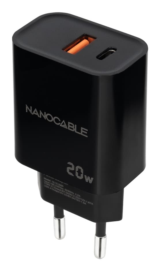 Nanocable Cargador USB-C/PD + USB-A/QC 20W, Negro