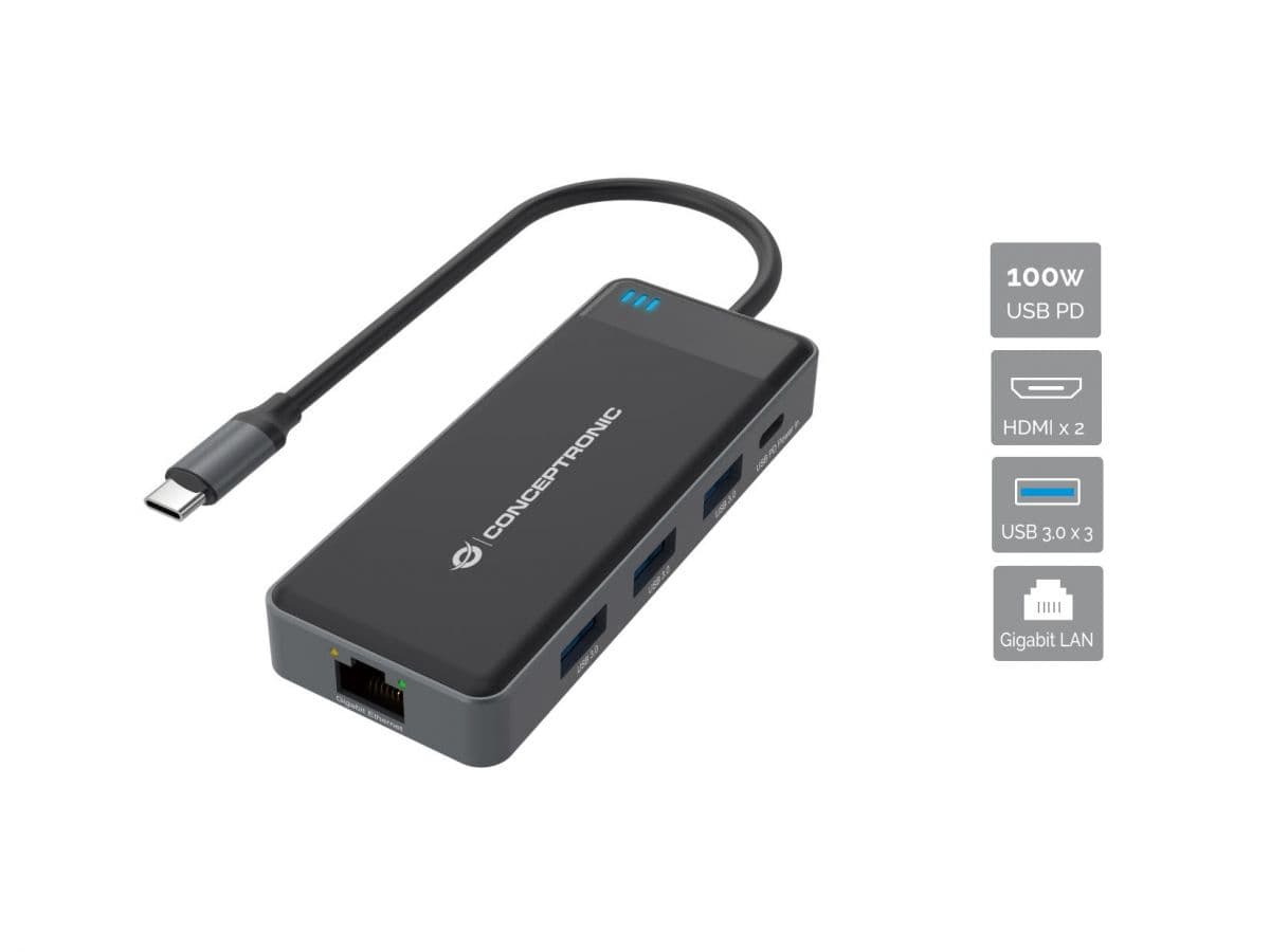 Conceptronic DONN14G base para portátil y replicador de puertos Alámbrico USB 3.2 Gen 1 (3.1 Gen 1) Type-C Gris