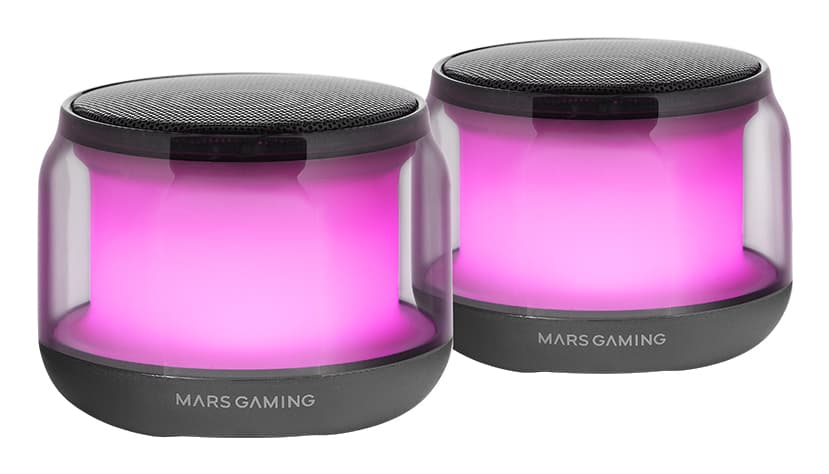 Mars Gaming MS-AURA, Altavoces Bluetooth 5.3, Chipset DSP Personalizado 15W, Iluminación RGB con Diseño ClearView 360º, Altavoces Compactos con Caja de Control de Volumen y RGB, Entrada AUX-IN, Negro