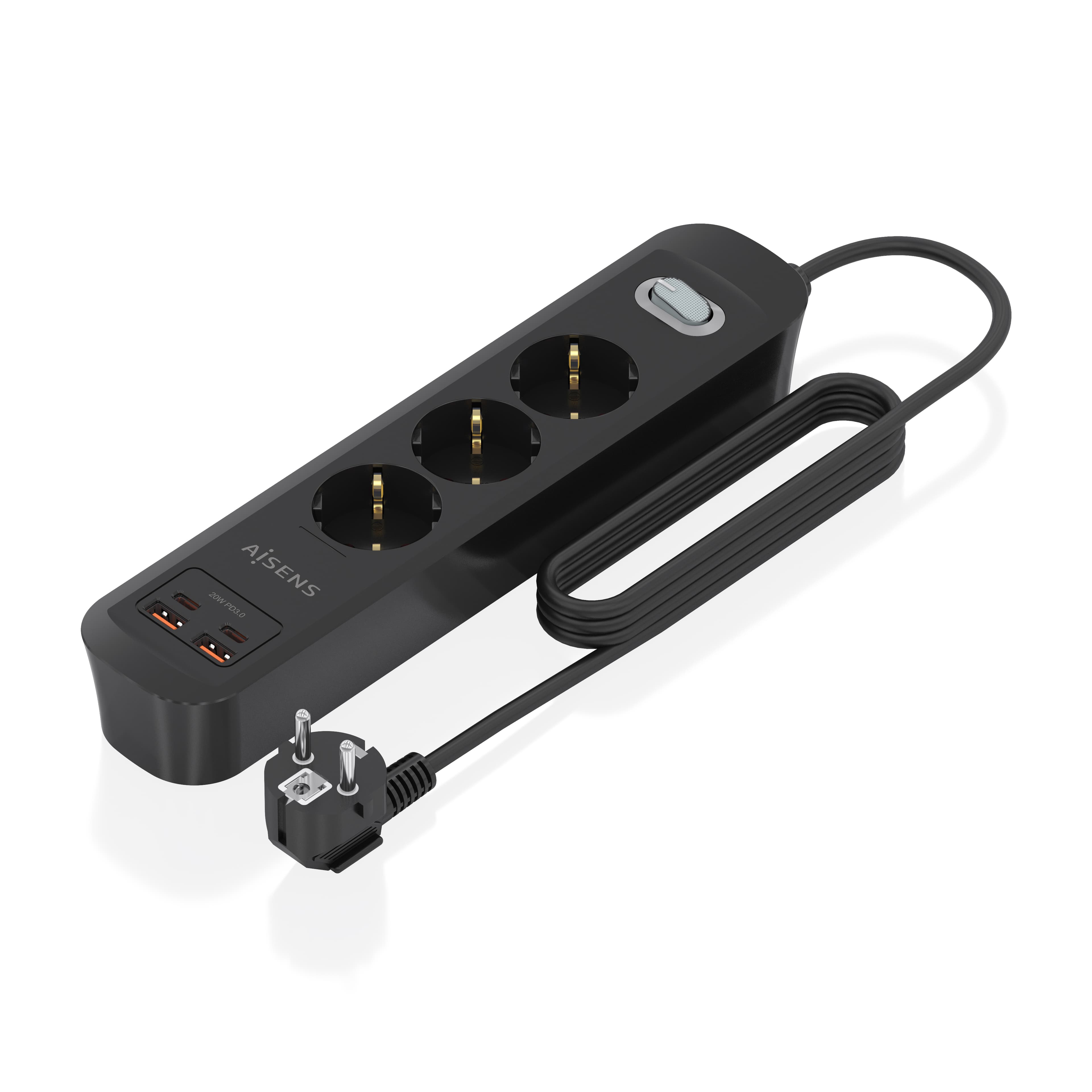 AISENS Regleta de Enchufes Multifuncion con 3 Tomas + Cargador PD3.0 20W 2xUSB-C, 2xUSB-A, 1.4m, Negro
