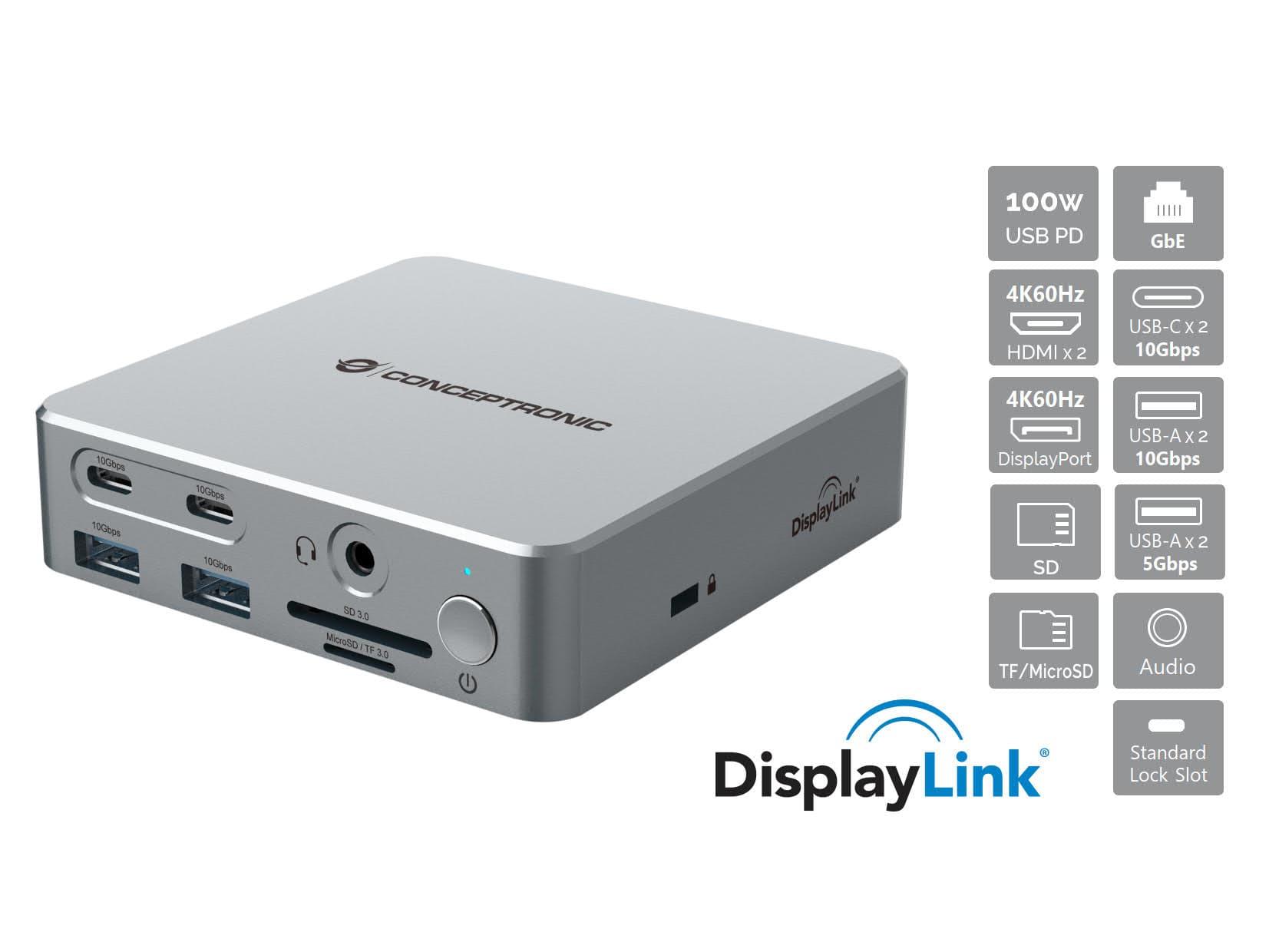 Conceptronic DONN25G base para portátil y replicador de puertos Alámbrico USB 3.2 Gen 2 (3.1 Gen 2) Type-C Plata