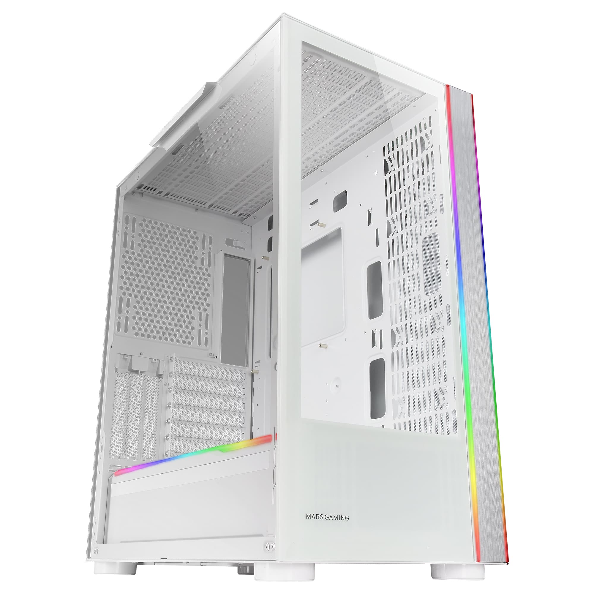 Mars Gaming MC-ULT, Caja Gaming Custom XXL E-ATX, Doble Cristal Templado 90º Sin Marco + Puerta Lateral, Soporte Completo Refrigeración Líquida, Torre PC con Diseño de Cámara Dual Vertical, Blanco