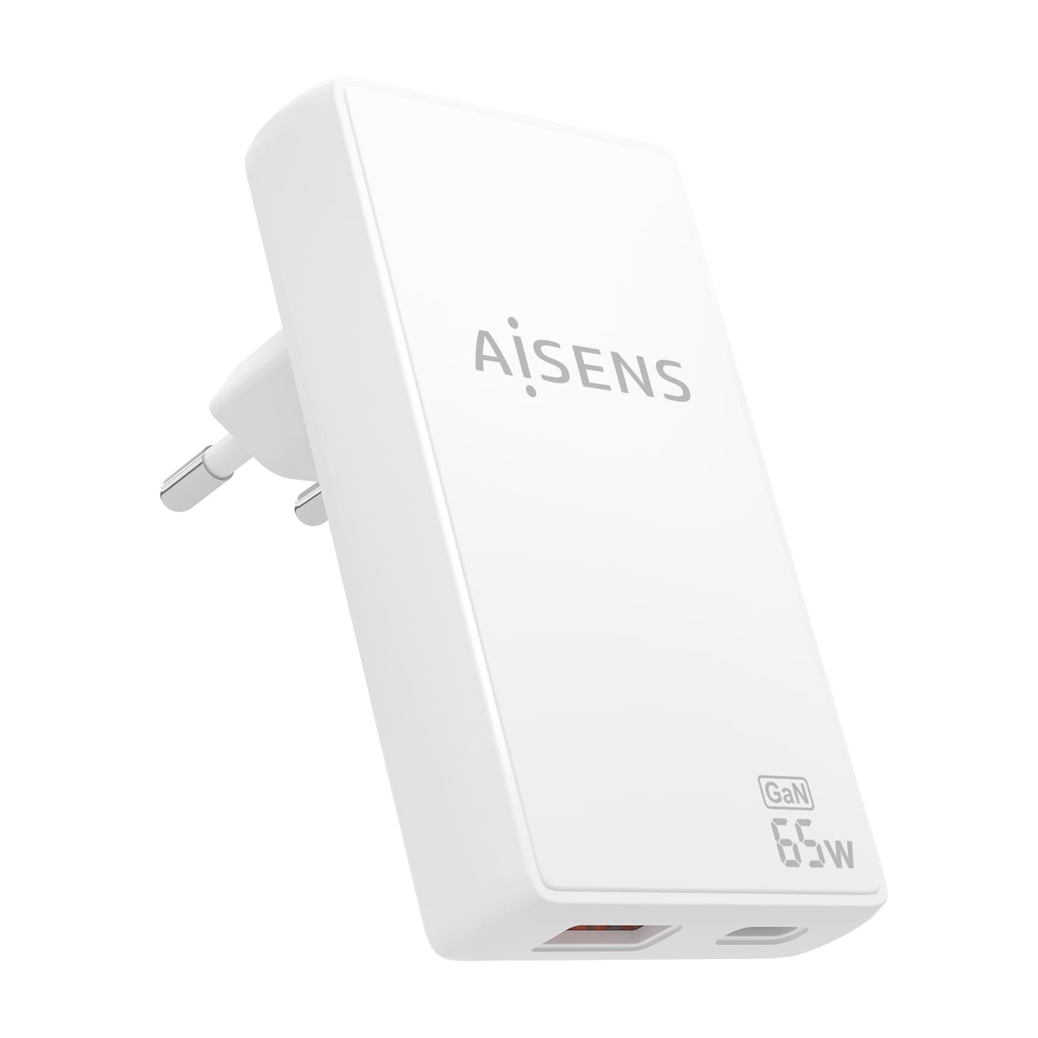 AISENS Cargador De Pared GaN Ultra Delgado 65W, 1xUSB-C PD3.0 QC4.0, 1xUSB-A QC3.0, Blanco