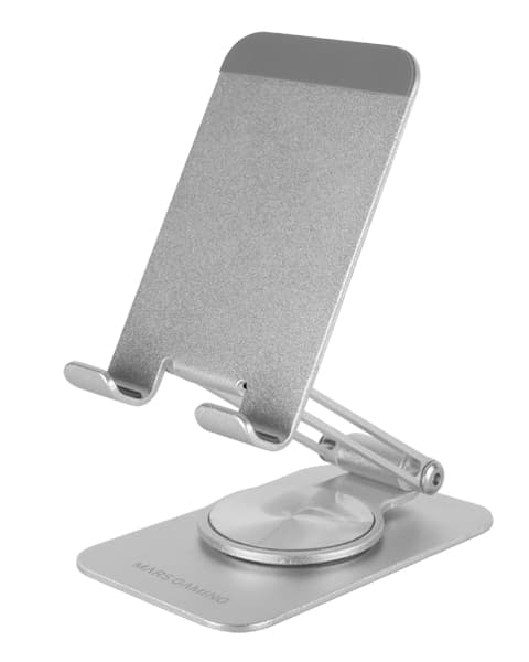 Mars Gaming MA-RSS, Soporte Plegable para Smartphone, Rotación Dinámica 360º + Ajuste en Altura y Ángulo 180º, Soporte Teléfono Móvil Portátil de Aluminio, Antideslizante, Gris Plateado