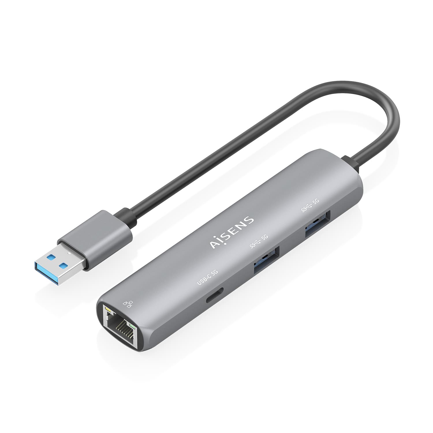 AISENS USB3.0 Dock USB-A A Ethernet Gigabit + Hub 1xUSB-C+2xUSB-A, Gris, 15cm