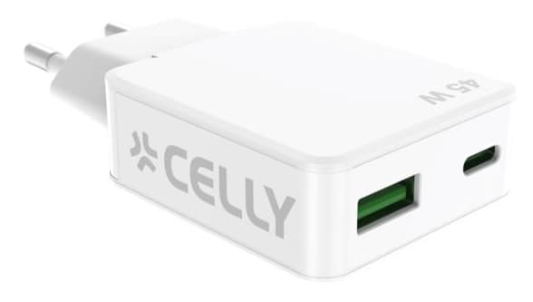 Celly SLIMTC1C1A45WWH cargador de dispositivo móvil Portátil, Smartphone, Tableta Blanco Corriente alterna Carga rápida Interior