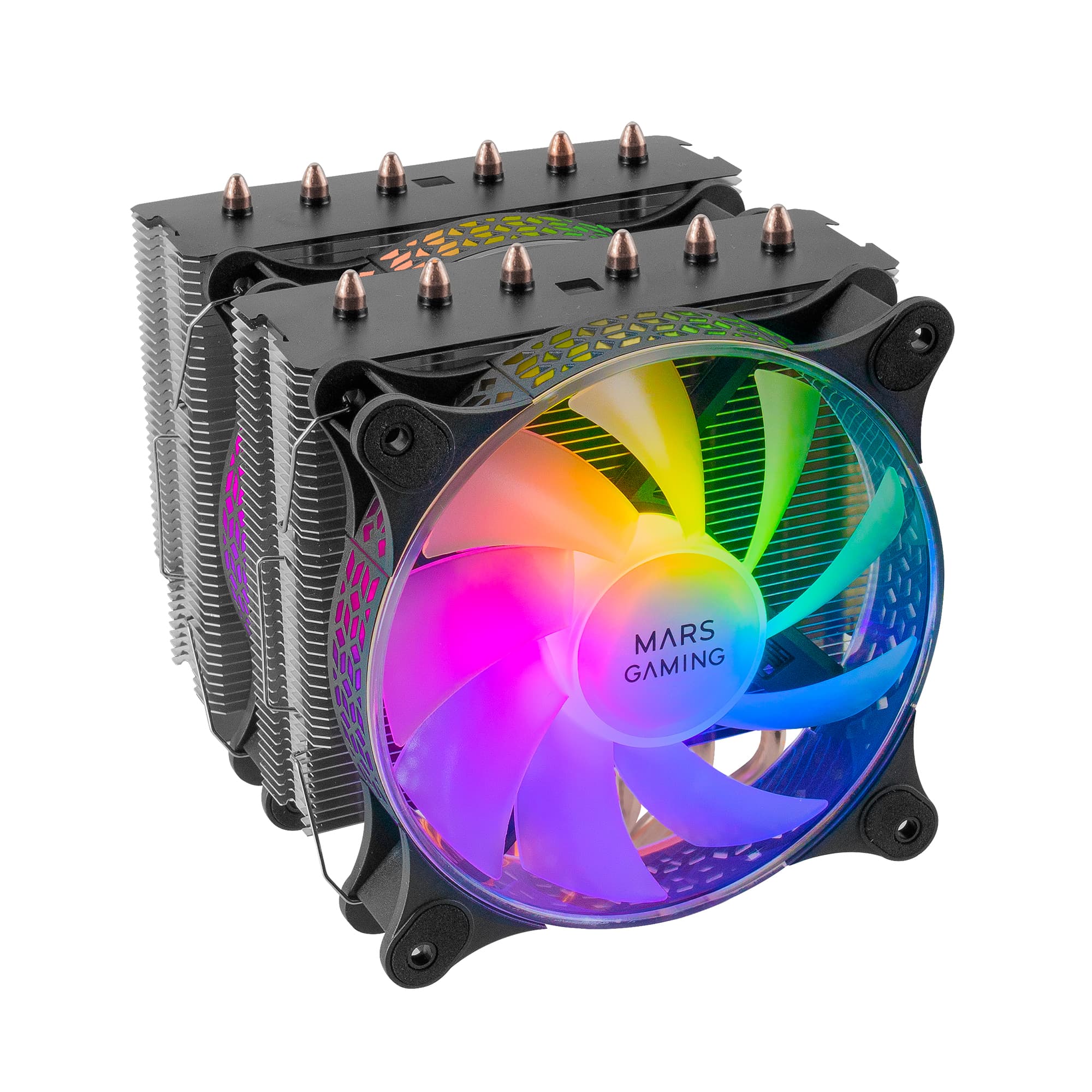 Mars Gaming Disipador CPU, Doble Torre Refrigeración, 6 Heatpipes HCT, TDP 300 W, 2 Ventiladores ARGB PWM 12 cm, MCPUXT, Color Negro