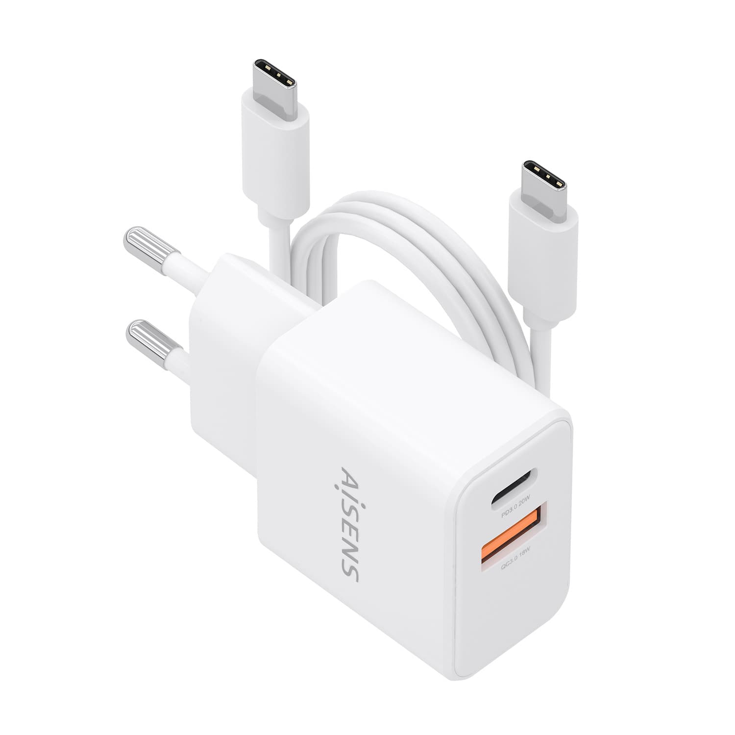 AISENS Cargador GaN 20W con cable USB-C 1m, 1xUSB-C PD3.0, 1xUSB-A QC3.0, blanco