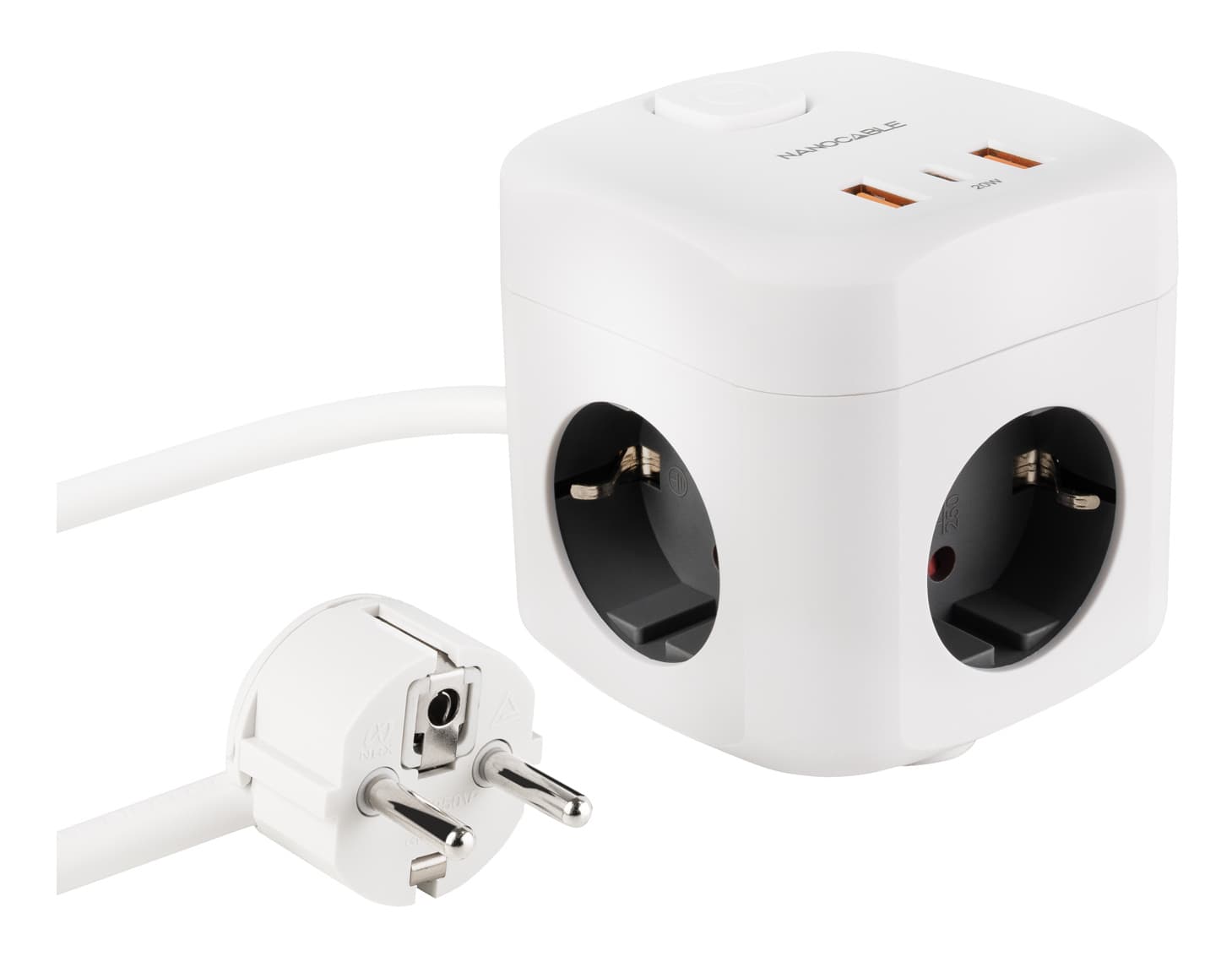 Nanocable Base de 3 enchufes con 3 USB (2 USB-A + 1 USB-C), GaN + PPS, PD 20W, con interruptor, Blanco
