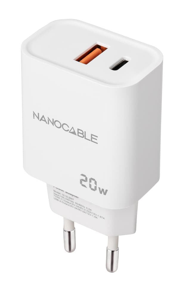 Nanocable Cargador USB-C/PD + USB-A/QC 20W, Blanco