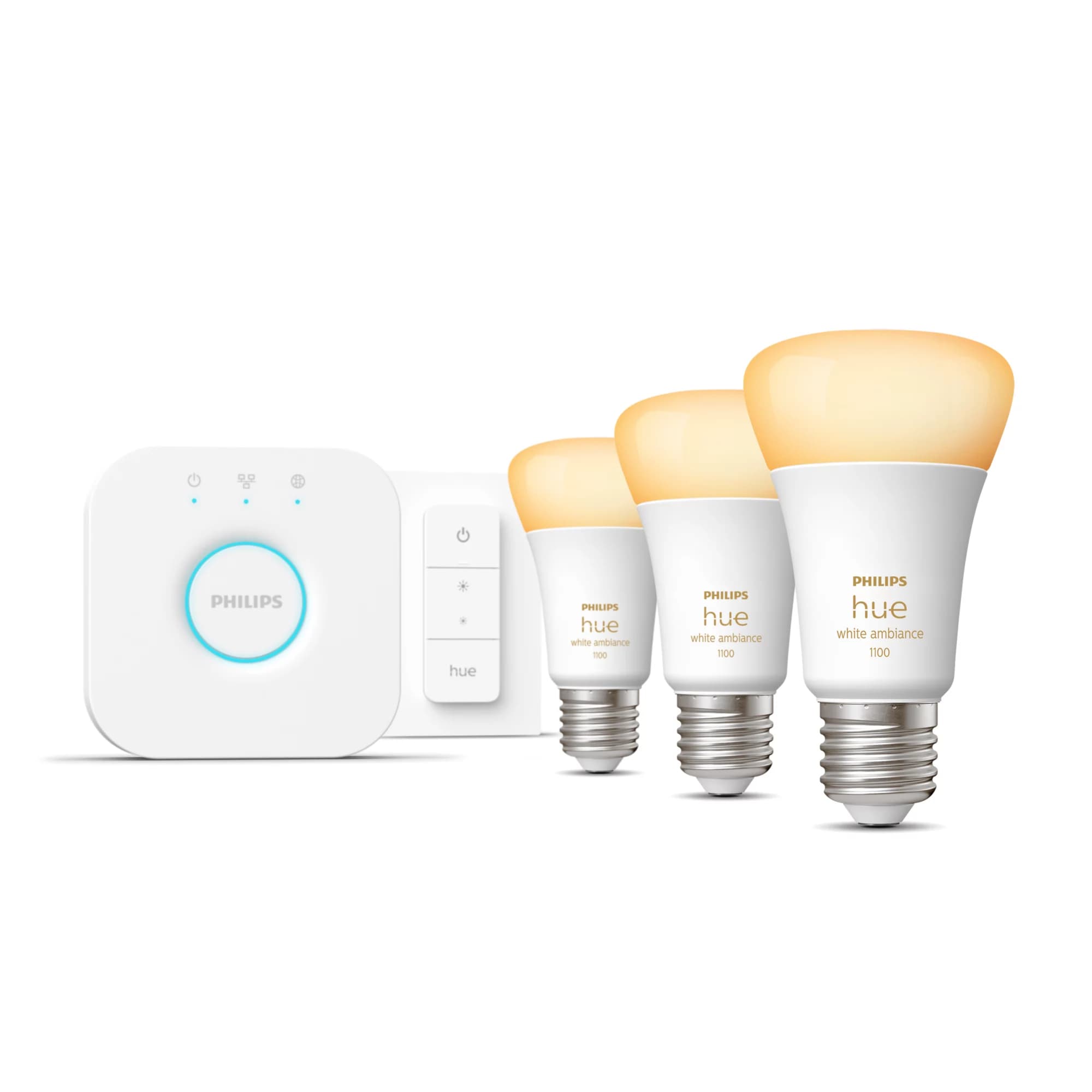 Philips Hue White ambiance Kit de inicio: 3 bombillas inteligentes E27 (1100) + regulador de intensidad