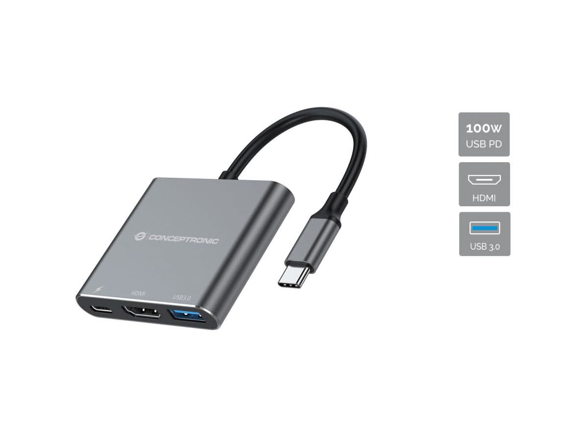 Conceptronic DONN18G base para portátil y replicador de puertos Alámbrico USB 3.2 Gen 1 (3.1 Gen 1) Type-C Gris
