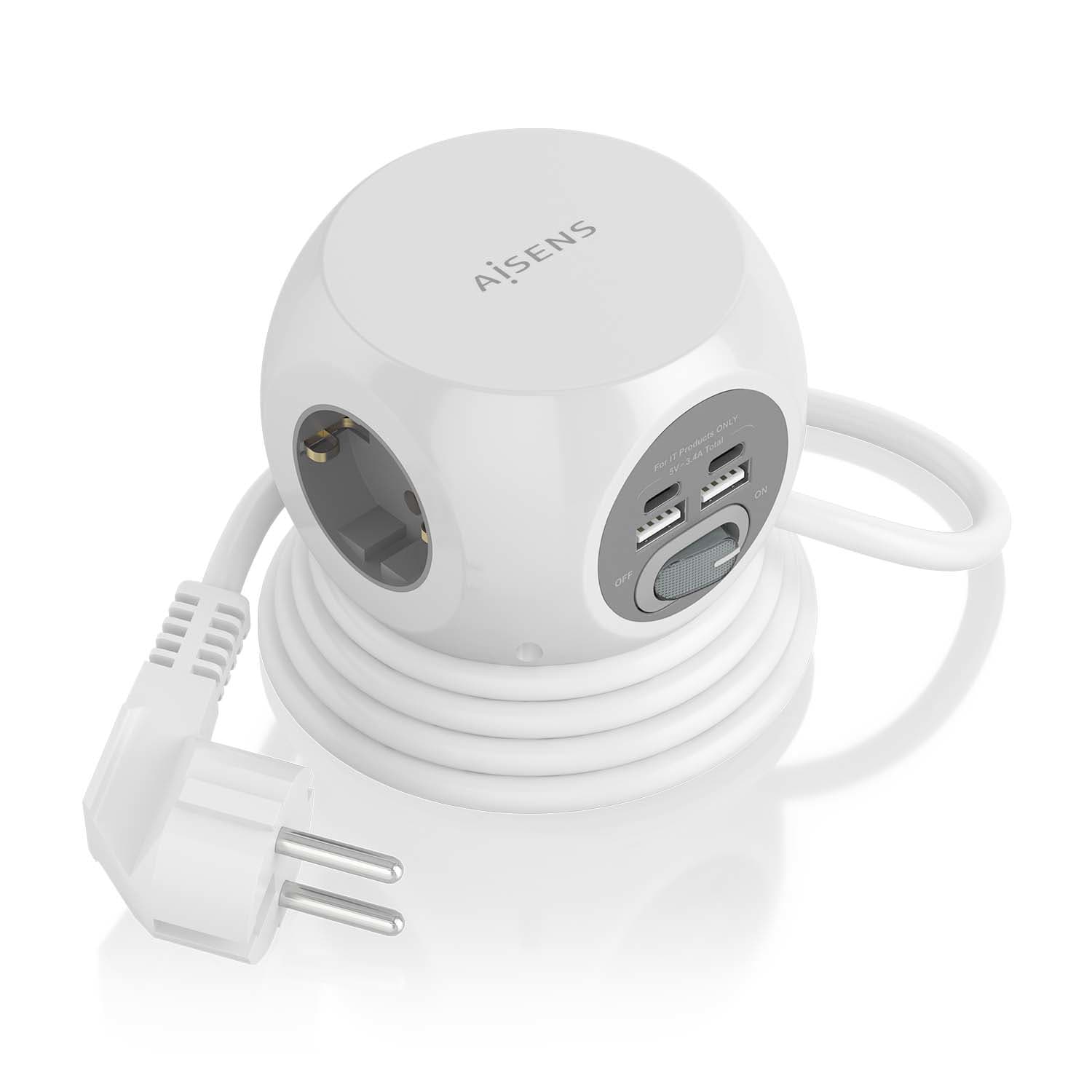 AISENS Regleta de Enchufes Sobremesa Multifuncion con 3 Tomas + 2xUSB-C, 2xUSB-A, 1.4M, Blanco