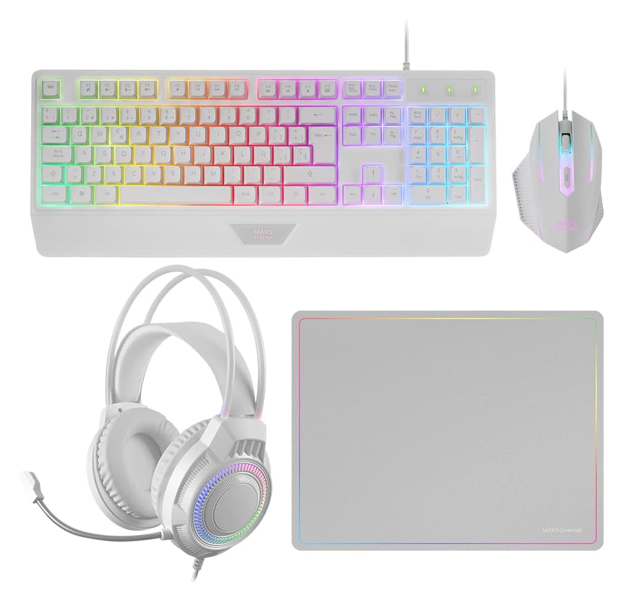 Mars Gaming MCP124PRO, Combo Gaming 4en1, Teclado RGB H-Mech con Reposamuñecas, Ratón RGB 3200DPI y Switches HUANO, Auriculares FRGB, Alfombrilla Nanotextil 36x26cm, Multiplataforma, Español, Blanco