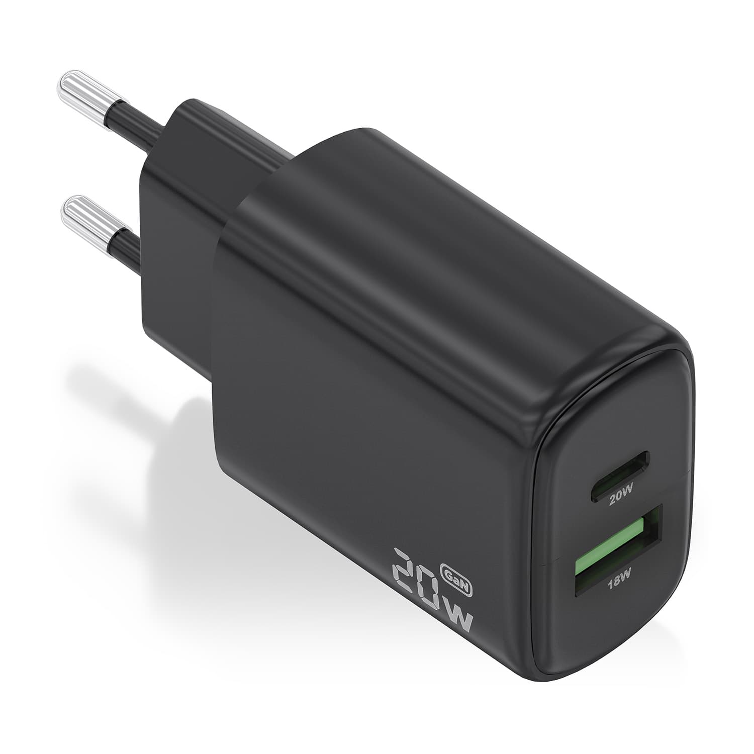 AISENS Cargador GaN 20W, 1xUSB-C PD3.0, 1xUSB-A QC3.0, Negro