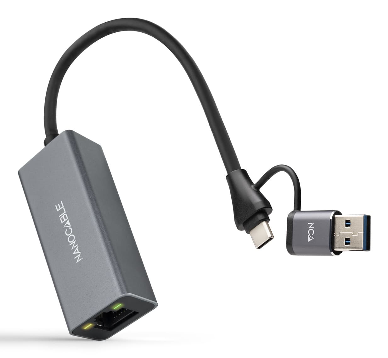 Nanocable Conversor USB-C+USB-A/M 3.0 a Ethernet, Aluminio, Gris, 15 cm