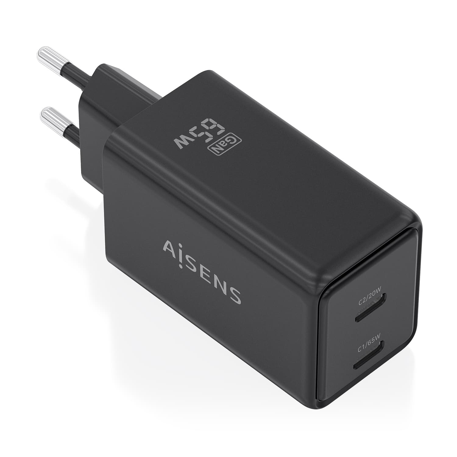 AISENS Cargador GaN 65W, 2xUSB-C PD3.0 QC4.0, Negro