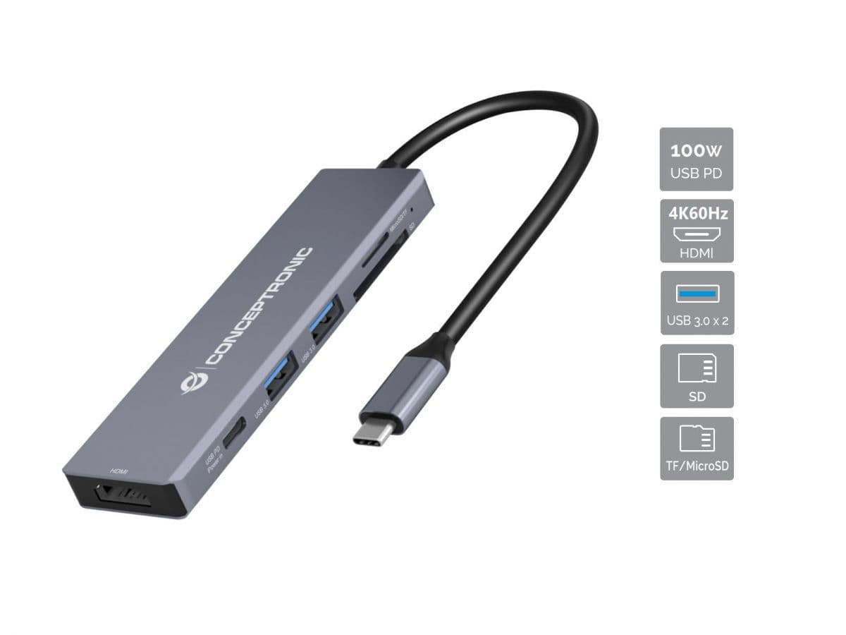 Conceptronic DONN23G base para portátil y replicador de puertos Alámbrico USB 3.2 Gen 1 (3.1 Gen 1) Type-C Gris