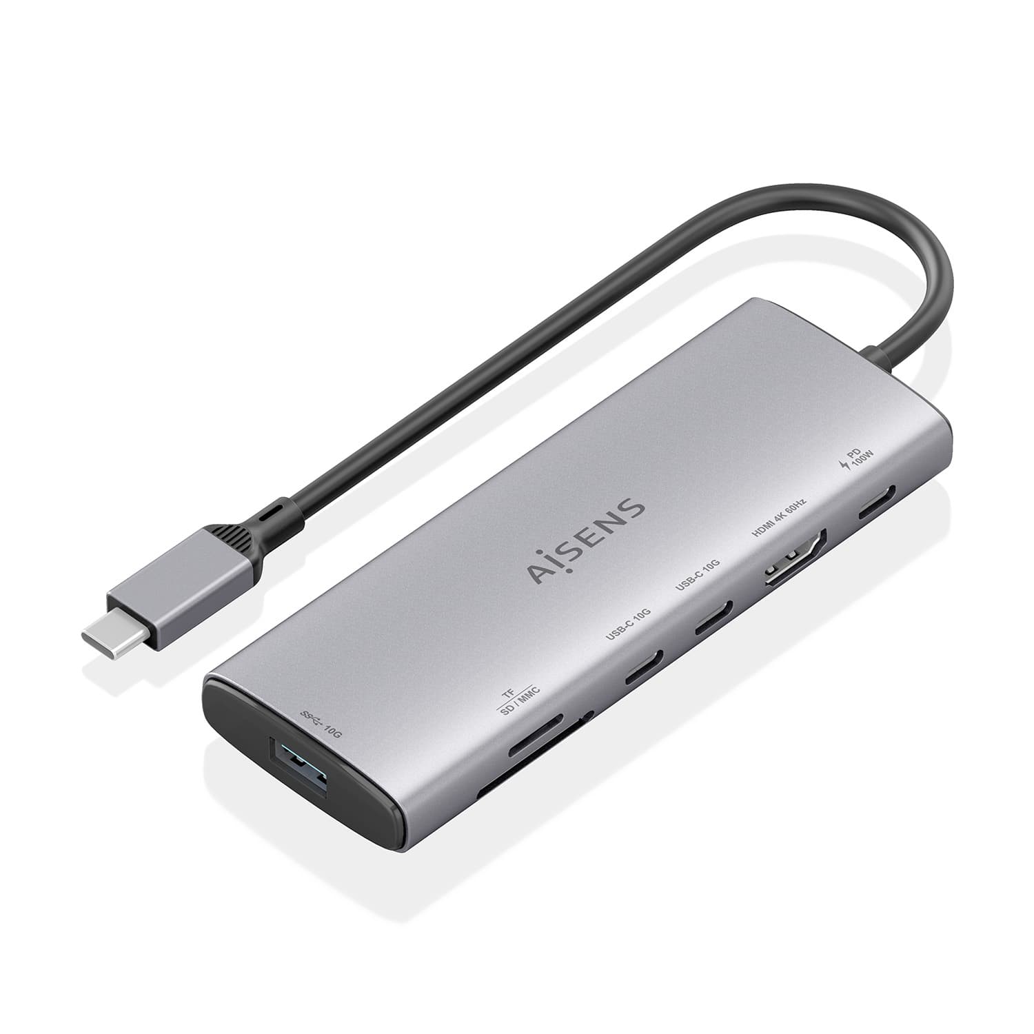 AISENS USB-C Dock 7 en 1, USB-C a 1xHDMI, 1xUSB-A 10G, 2xUSB-C 10G, 1xSD, 1xMicroSD, 1xUSB-C PD 100W, Gris, 20cm