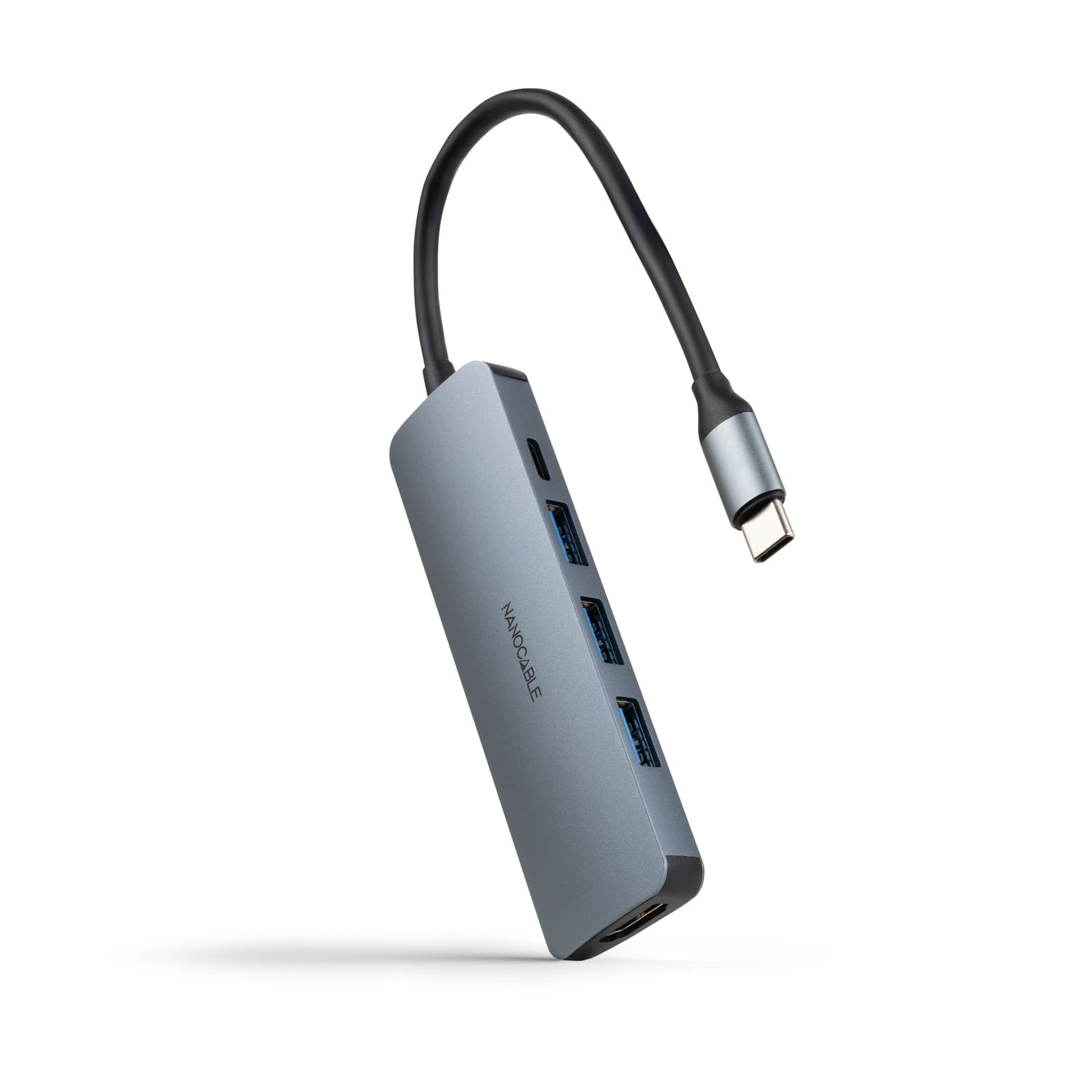 Nanocable Hub USB-C 5 en 1, Conversor USB-C 3.1 a 3xUSB-A 3.0 + USB-C PD + HDMI, Aluminio, Gris, 18 cm