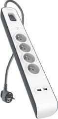 Regleta de proteccion contra sobretensiones con cuatro tomas de enchufe, dos puertos usb a 2.4  con interruptor de encendido/apagado cable de 2 metros color blanco/gris