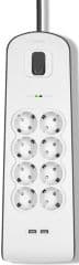 Regleta de proteccion contra sobretensiones con ocho tomas de enchufe, dos puertos usb a 2.4 a con interruptor de encendido/apagado cable de 2 metros color blanco/gris