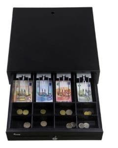 Cajon portamonedas 8 compartimentos de monedas y 4 de billetes 2 ranuras para cheques/recibos apertura horizontal conexion rj11 llave dimensiones 420x405x110mm negro peso 6kg