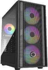 Chasis semitorre masterbox 600 sin fuente soporta atx eatx micro atx mini itx bahias internas 2x3.5' 2x2.5' 3xventilador frontal 140mm + 1 trasero 120mm rgb 2xusb3.2 1xusb-c salida audio y microfono ventana lateral vidrio templado dimensiones (prxalxan) 474x481x230mm negro