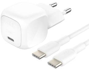 Cargador de pared a usb-c de 20w blanco con cable de usb-c a usb-c