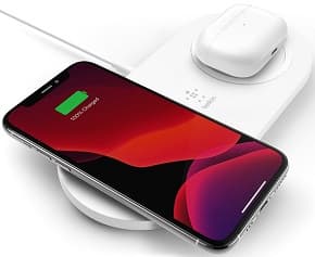 Cargador inalambrico qi 15w 2 en 1 para dispositivos apple samsung blanco