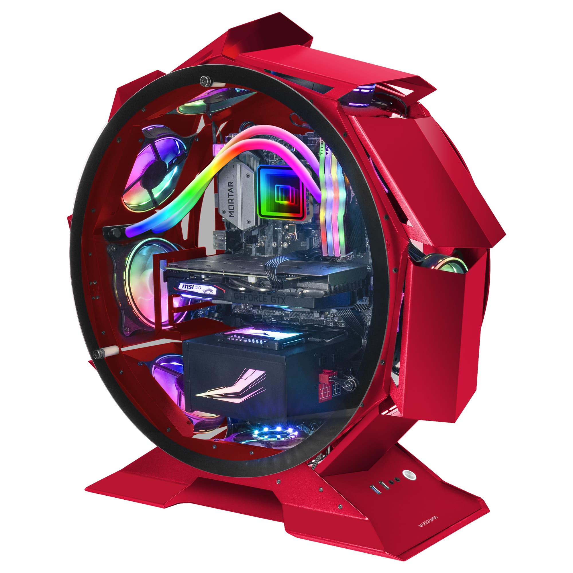 Mars Gaming MCORB Rojo, Caja PC Gaming Micro-ATX XL, Diseño Circular Custom, Doble Cristal Templado