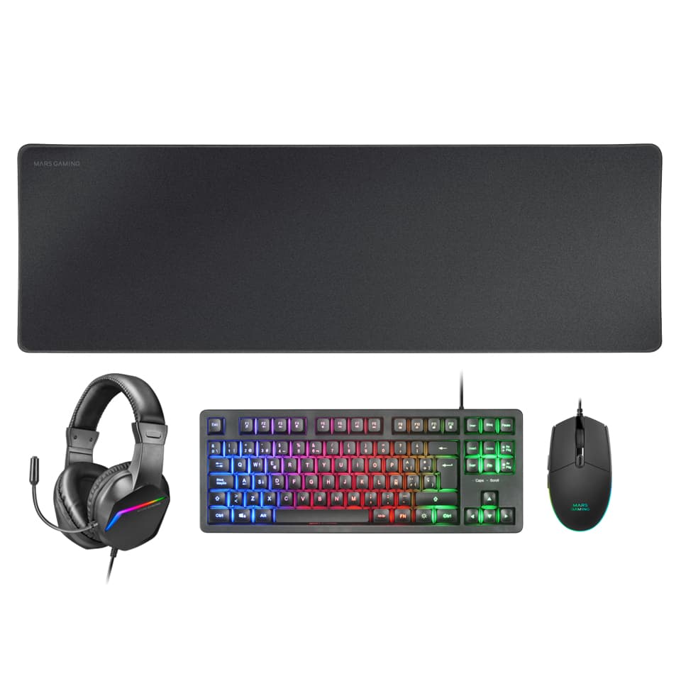 Mars Gaming MCP-RGB3, Pack Gaming Teclado Fixed RGB + Ratón Gaming RGB Flow 3200 DPI + Auriculares Over-Ear RGB + Alfombrilla XXL, Negro, Idioma Español