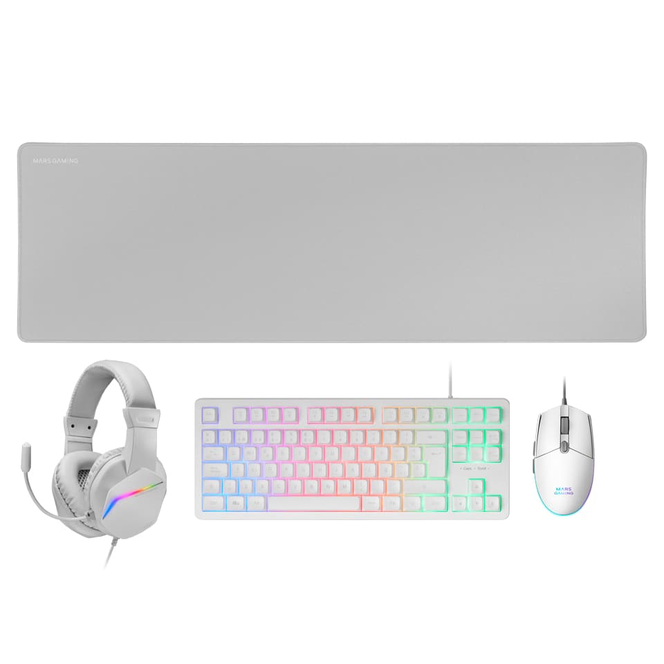Mars Gaming MCP-RGB3, Pack Gaming Teclado Fixed RGB + Ratón Gaming RGB Flow 3200 DPI + Auriculares Over-Ear RGB + Alfombrilla XXL, Blanco, Idioma Español