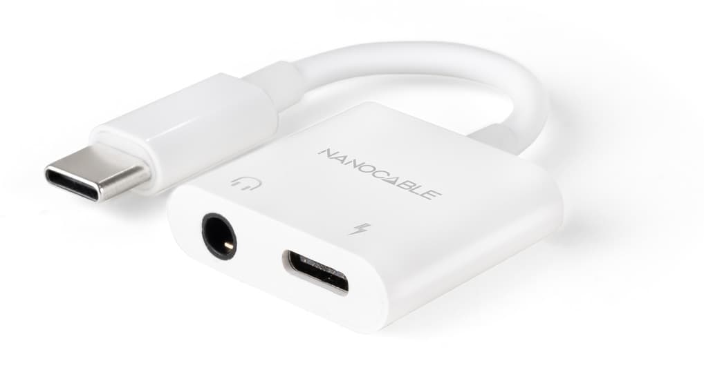 Nanocable Adaptador de Audio USB-C/M a Jack 3.5/H + USB-C/H PD 60W, 11.5 cm, Blanco
