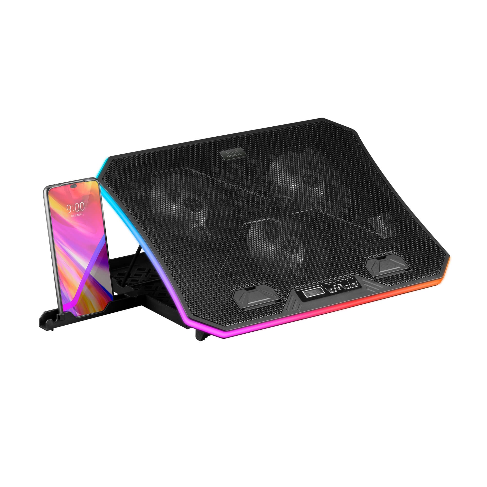 Mars Gaming MNBC6, Base Refrigeradora + Stand XL 19'' ARGB, 3 Ventiladores, Soporte para Móvil