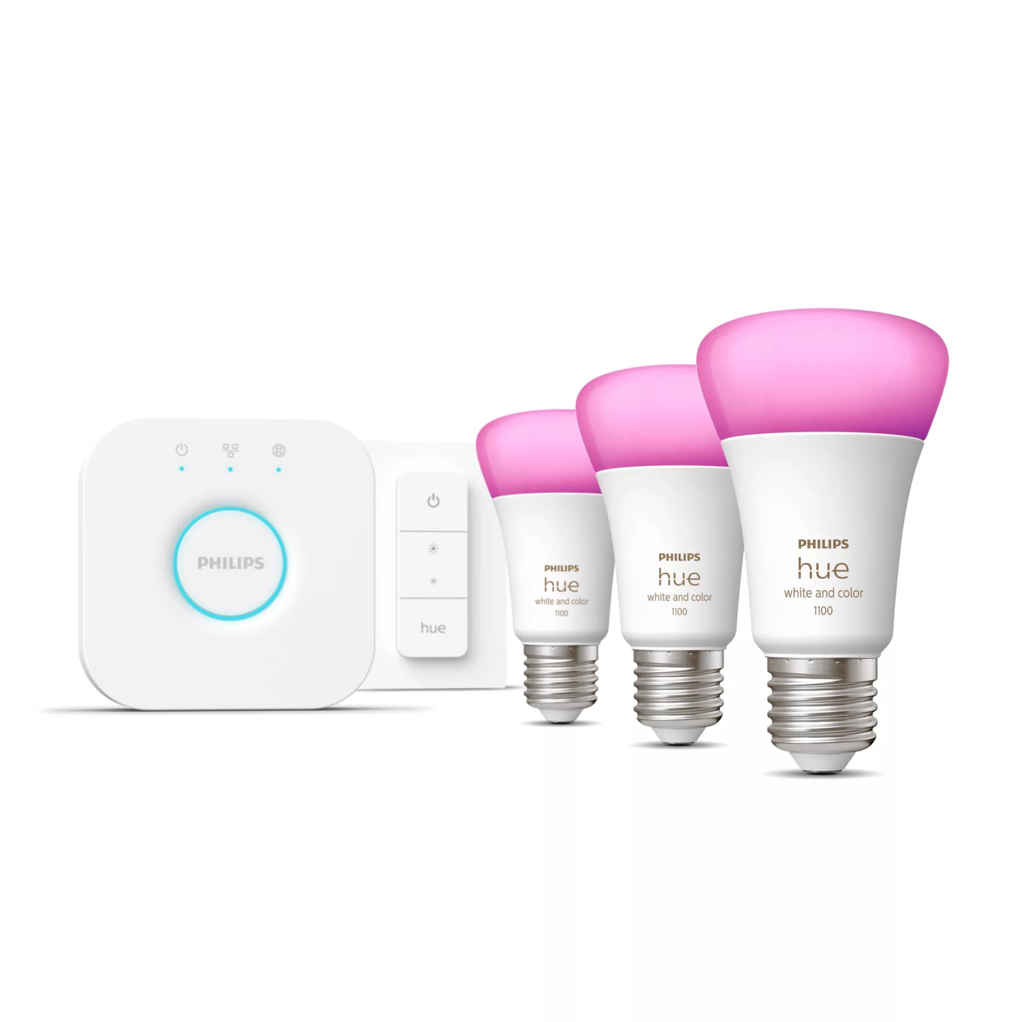 Philips Hue White and Color ambiance Kit de inicio: 3 bombillas inteligentes E27 (1100) + regulador de intensidad