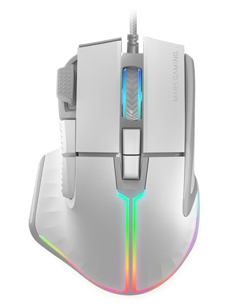 Mars Gaming MM-XT, Ratón Gaming RGB, Diseño Ergonómico con Reposa Pulgar, Sensor Óptico 12800DPI, 9 Botones Configurables, Switches Huano, Software de Control, Compatibilidad Multiplataforma, Blanco