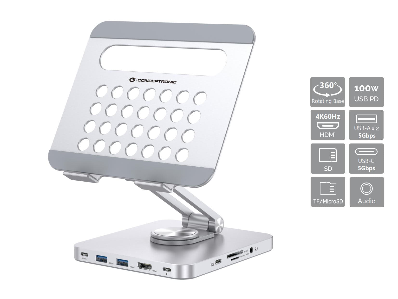 Conceptronic DONN26G mueble y soporte para dispositivo multimedia Plata Tableta Carro para administración de tabletas