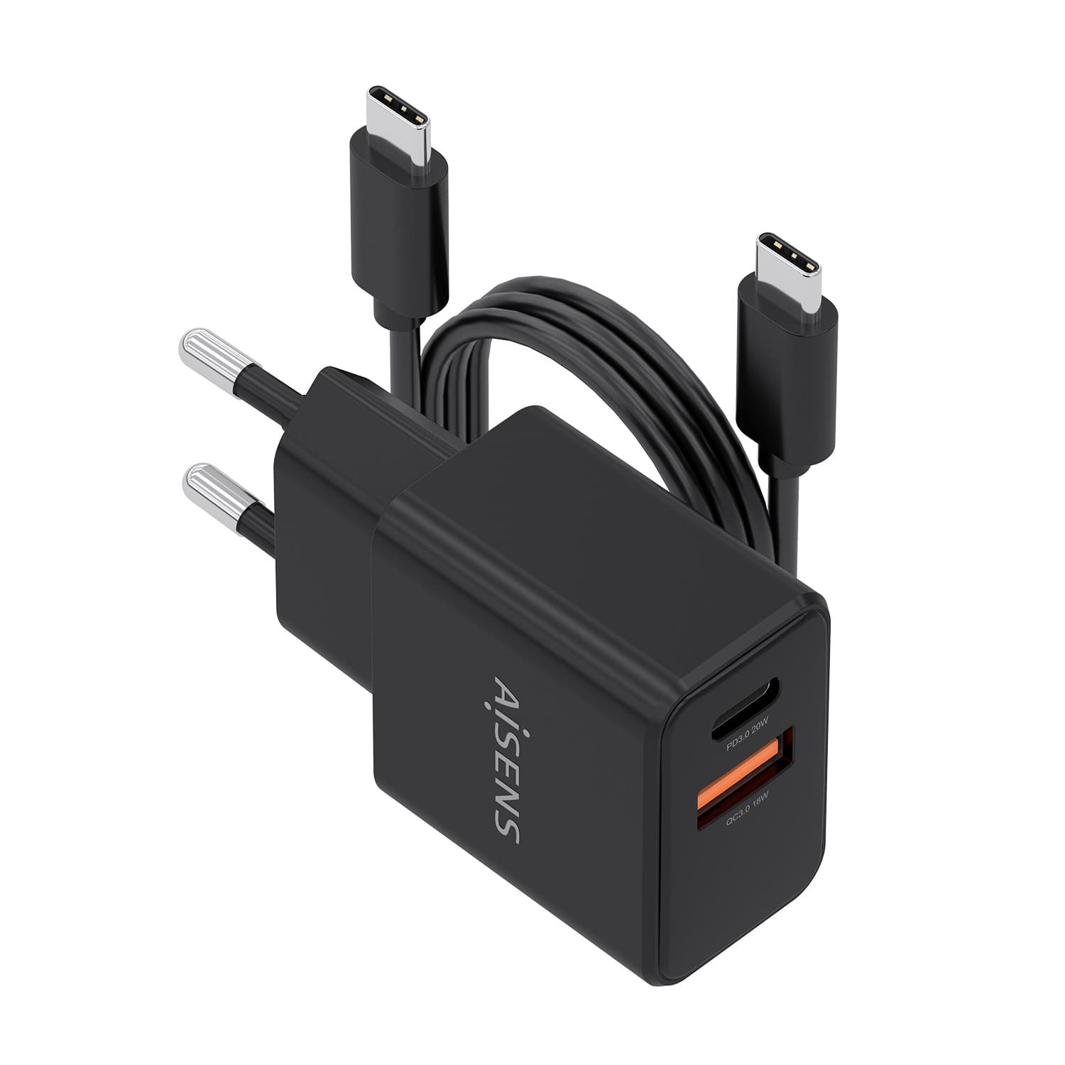 AISENS Cargador GaN 20W con cable USB-C 1m, 1xUSB-C PD3.0, 1xUSB-A QC3.0, negro