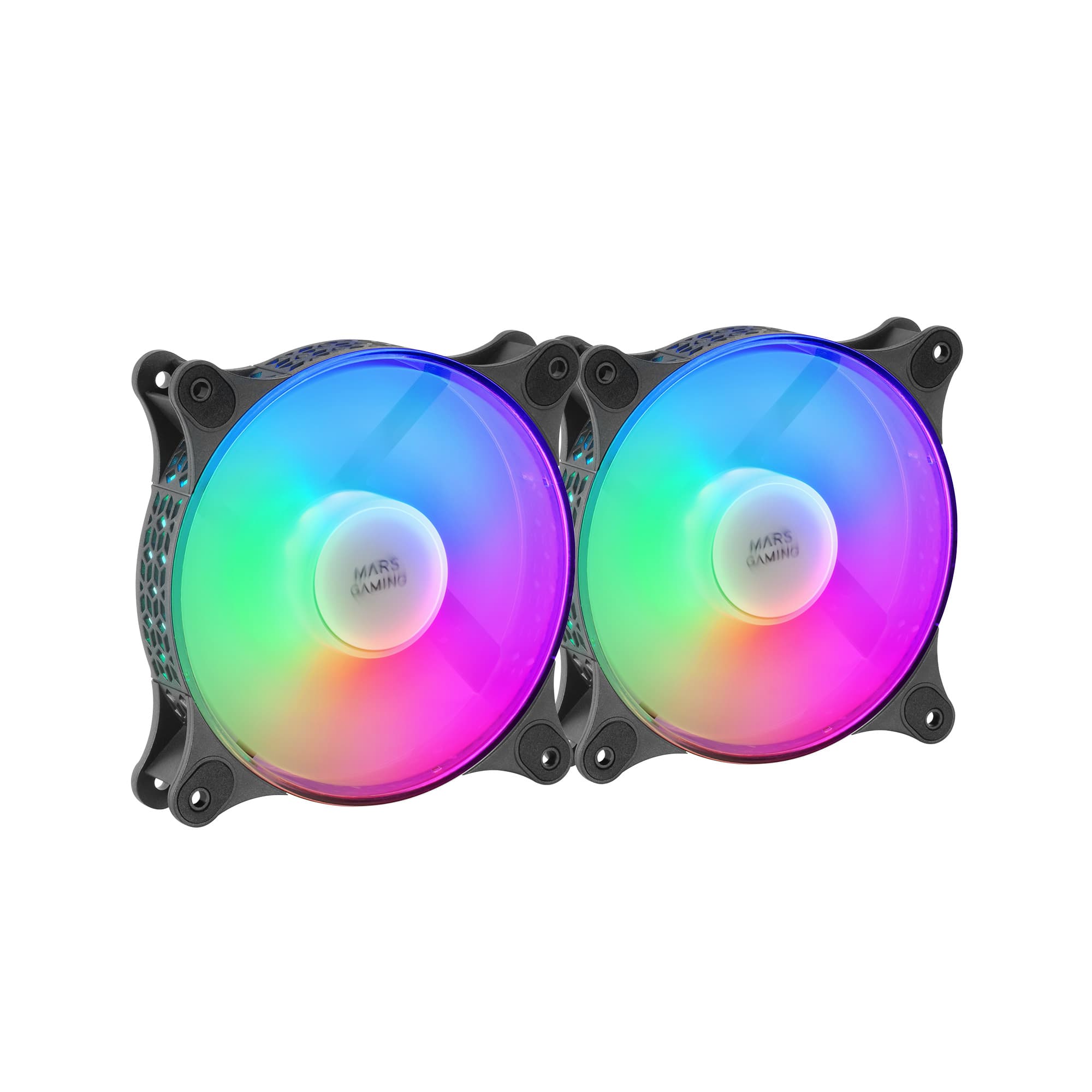 Mars Gaming MFDUO, Kit 2 Ventiladores FRGB Rainbow 360°, Ultra-silencioso, Doble Conexión 3PIN + 4PIN, Negro