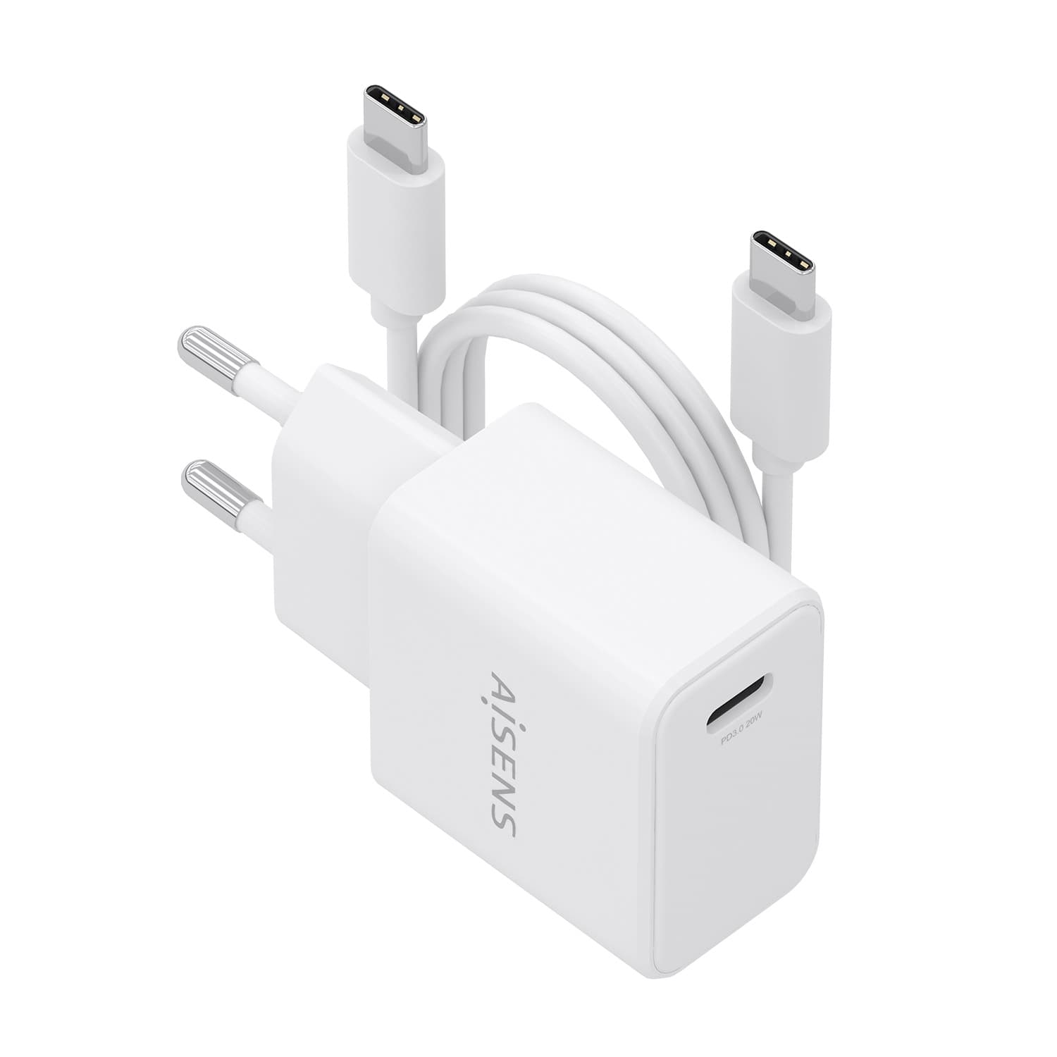 AISENS Cargador GaN USB-C PD3.0 1xUSB-C 20W con cable USB-C 1m, blanco