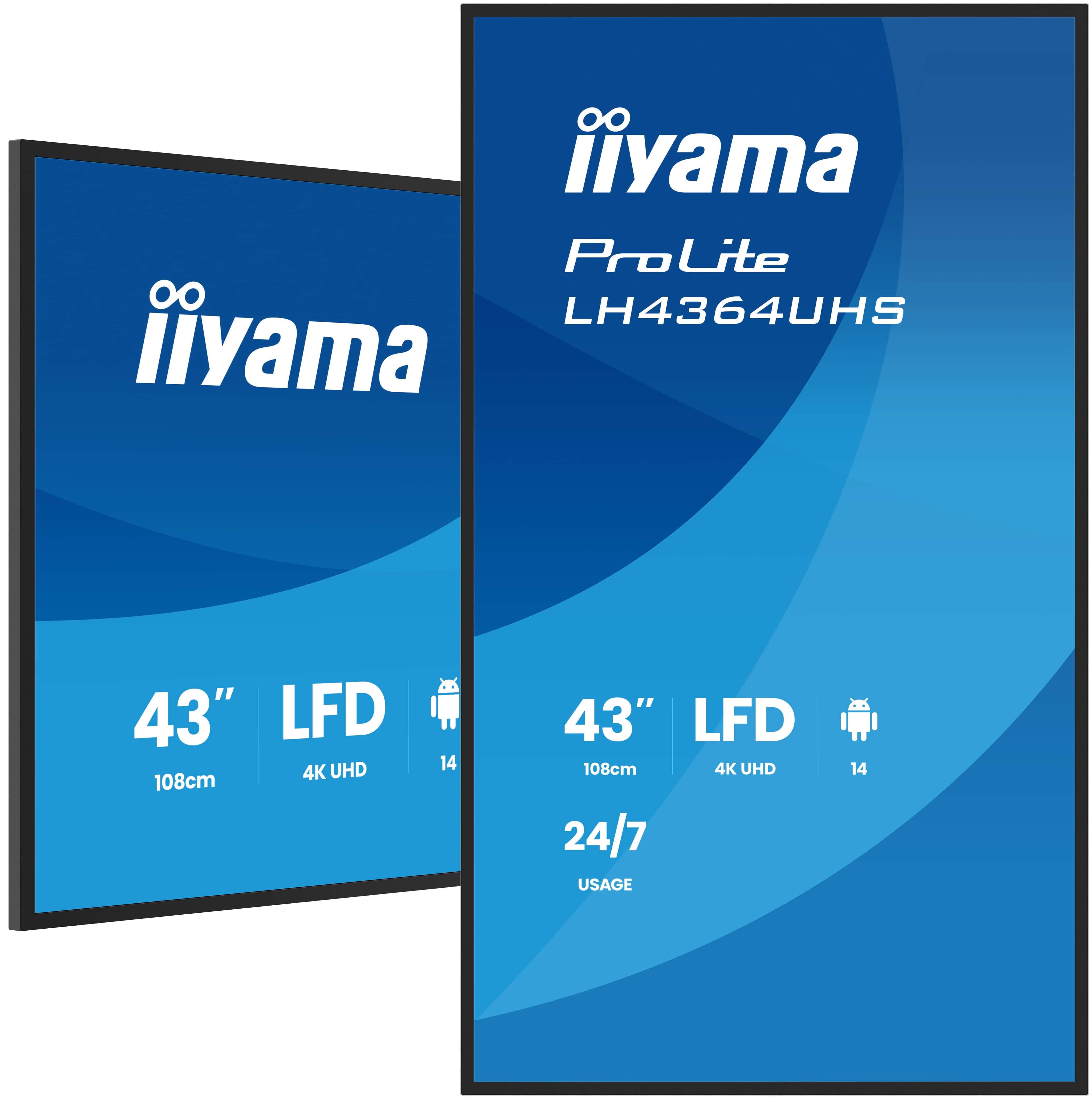 iiyama LH4364UHS-B1AG pantalla de señalización Pantalla plana para señalización digital 109,2 cm (43") LED Wifi 500 cd / m² 4K Ultra HD Negro Procesador incorporado Android 24/7
