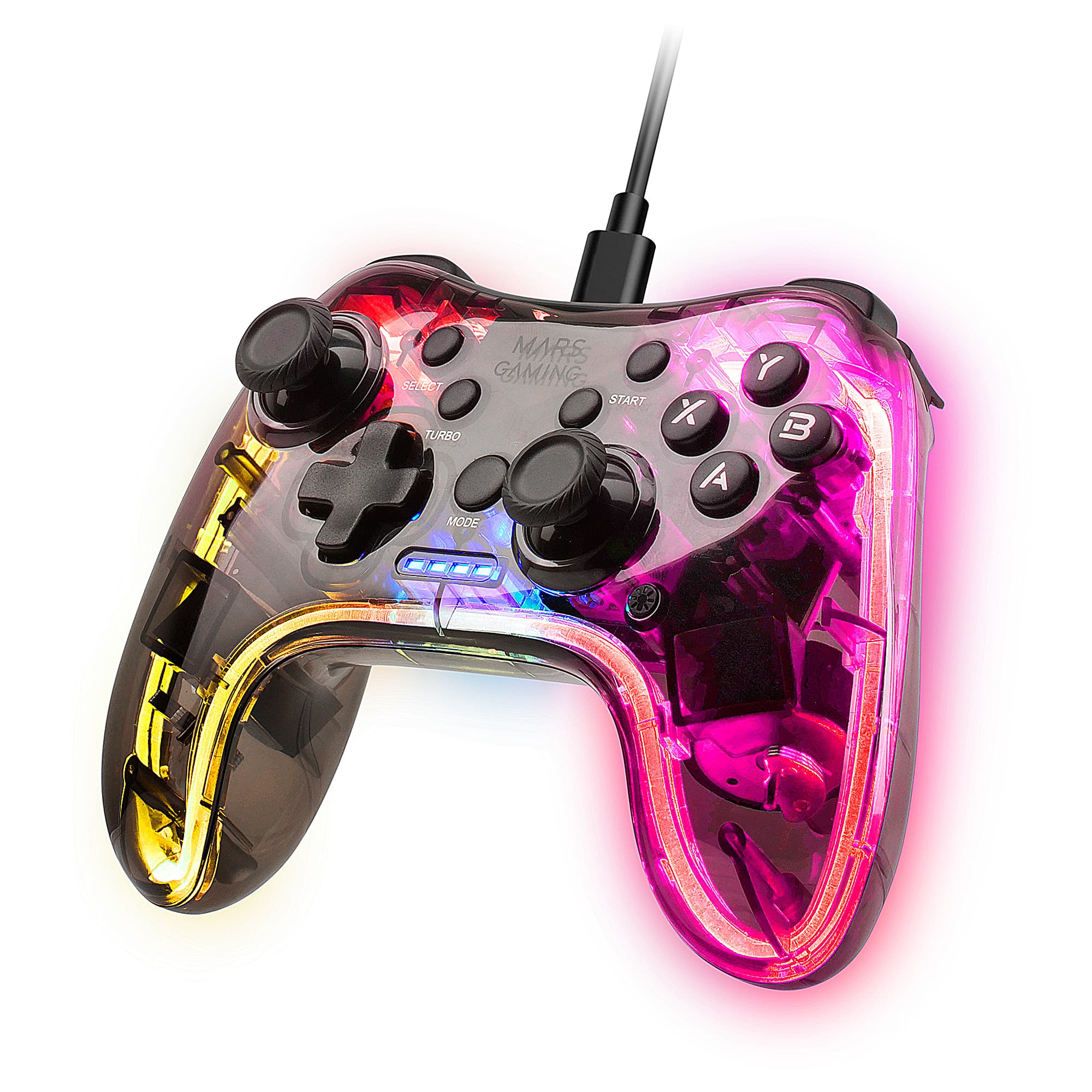 Mars Gaming MGP-C, Gamepad Profesional Neón RGB, Vibración Háptica Dual, Joysticks Analógicos, Mando para PC, Switch, PS3, Raspberry Pi, Mac, Android, Transparente, MGPC, Transparente