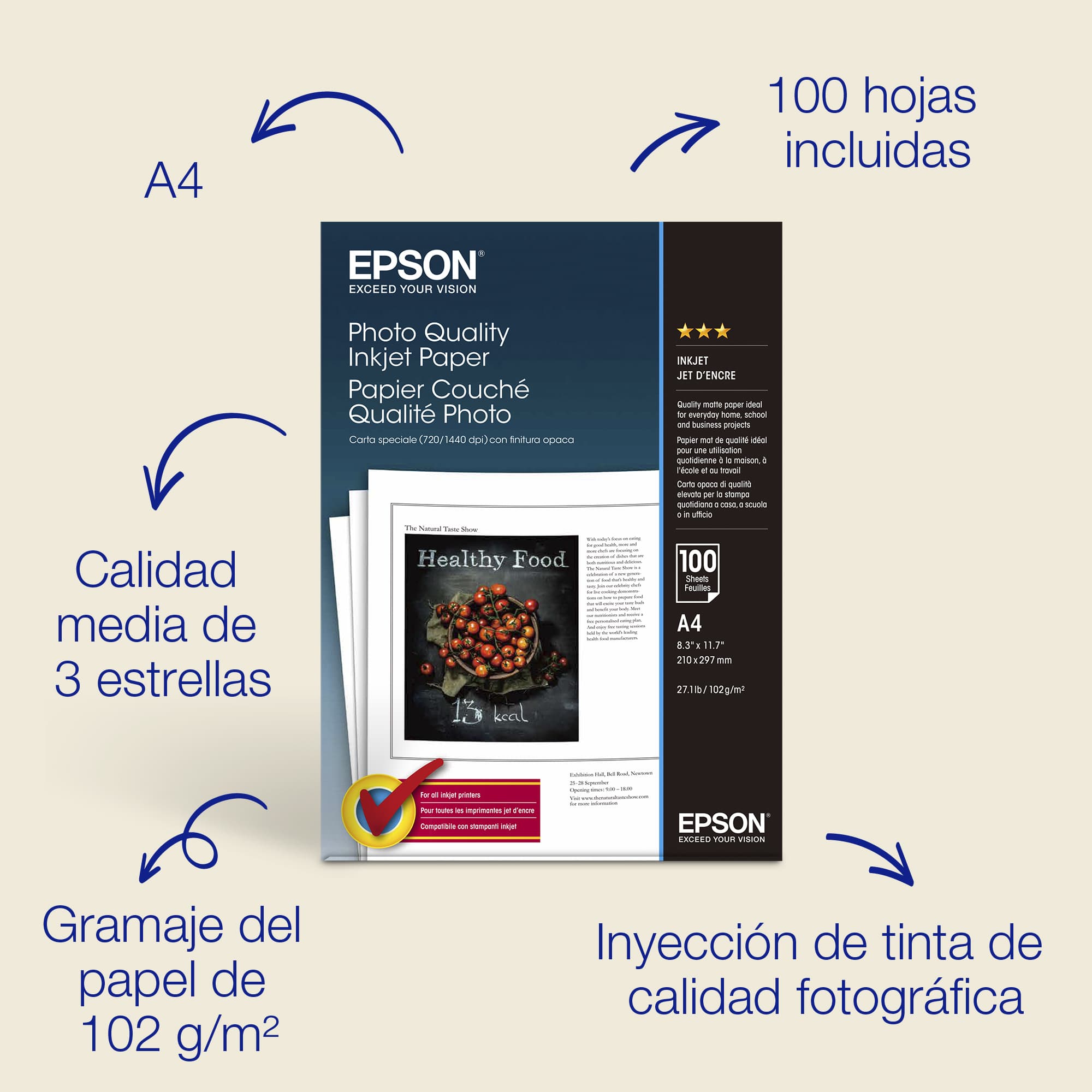 Epson Papel inkjet de calidad fotográfica A4 de , 102 g/m2, 100 hojas