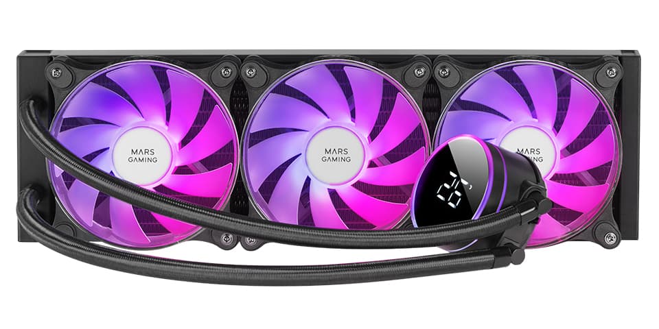 Mars Gaming ML-LCD360, Refrigeración Líquida AIO, TDP 600W, 3x Ventiladores FDB ARGB 120mm, Pantalla LCD con Monitoreo de Temperatura, Bomba Opti-Chamber 3rd Gen, Multisocket Universal, Negro