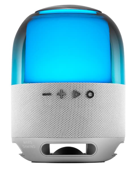 Mars Gaming MS-Flow, Altavoz Portátil Bluetooth 15W, Iluminación Orbilight RGB 360°, Sonido Potente con Driver DeepBass 57mm, Altavoz Gaming Compacto con Bluetooth 5.3 y MicroSD, Plata
