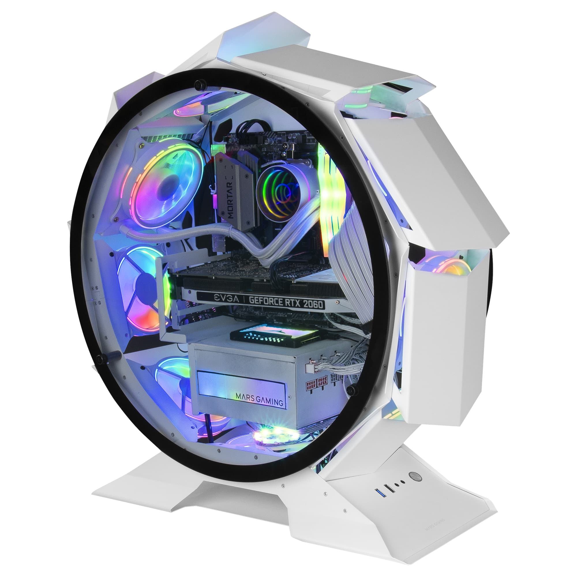Mars Gaming MCORB, Caja PC Gaming Micro-ATX XL, Diseño Circular Custom, Doble Cristal Templado, Chasis PC, Blanco