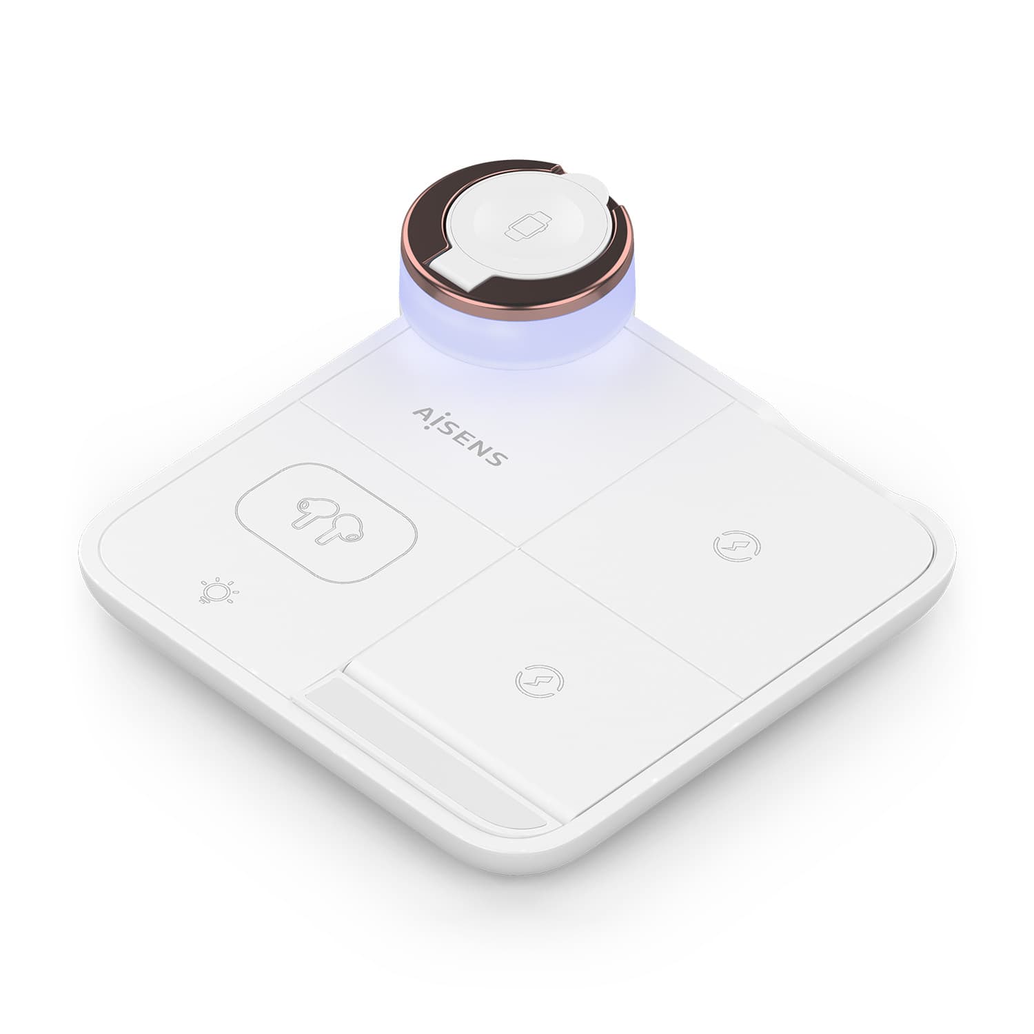 AISENS Cargador Inalambrico USB-C 4 en 1 De 15W Para Movil, Apple Watch, Auriculares Con Estuche De Carga, Blanco
